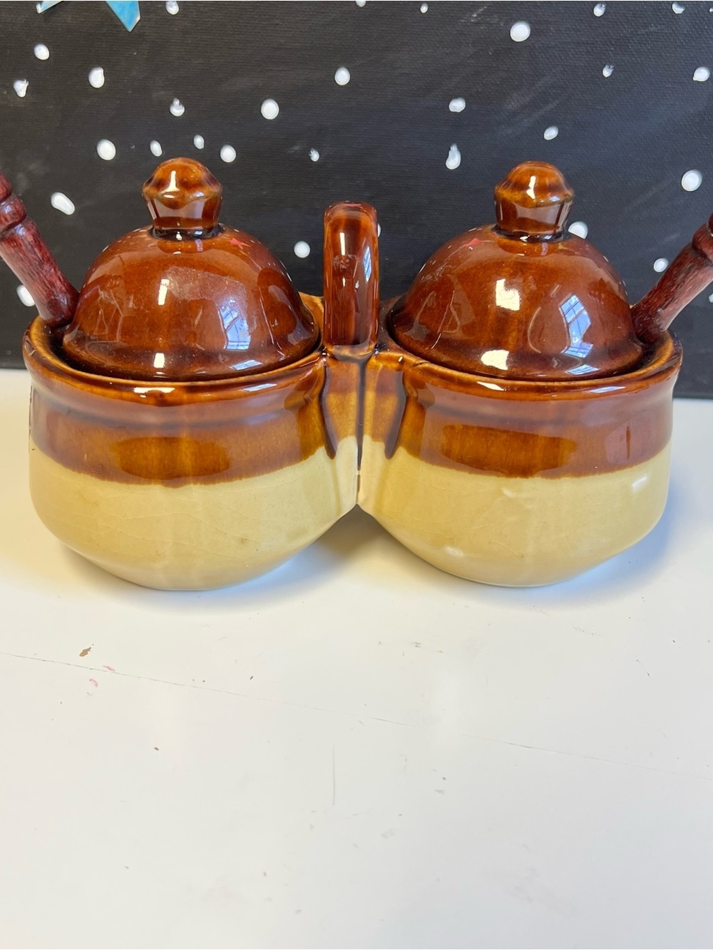 Vintage Taiwan Stoneware Double Condiment Jar Set w/ Spoons Houston Foods